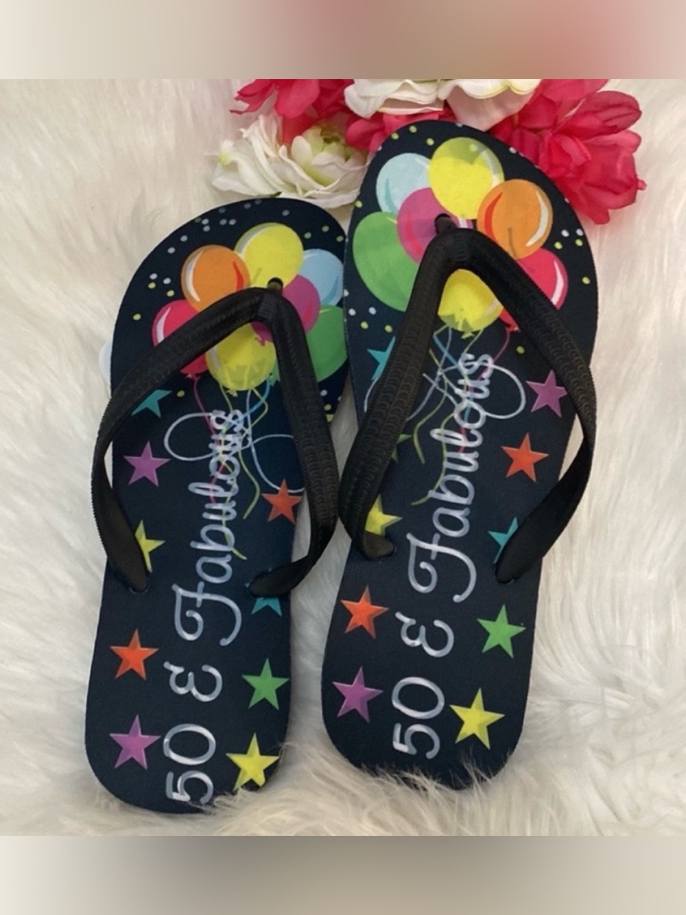 50th Birthday 50 & Fabulous Flip Flops Women’s Black Sz LG NEW!